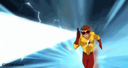 A Cartoon Character In A Yellow And Red Superhero Costume Is Running Through A Lightning Storm . GIF