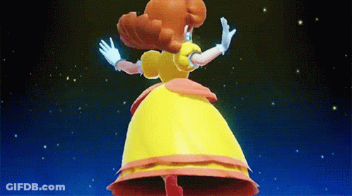 A Cartoon Character In A Yellow Dress Is Dancing In Front Of A Starry Sky . GIF