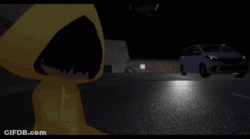 A Cartoon Character In A Yellow Hoodie Is Holding A Gun In Front Of A Car GIF