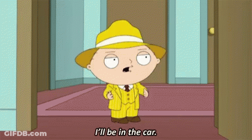 A Cartoon Character In A Yellow Suit And Hat Says I 'Ll Be In The Car GIF