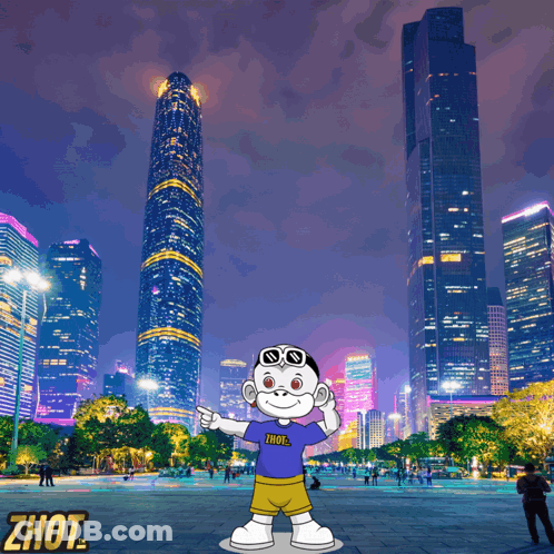 A Cartoon Character In Front Of A City Skyline With The Word Zhout On The Bottom Left GIF
