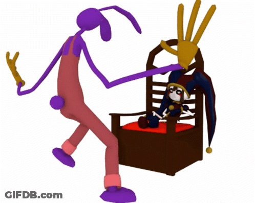 A Cartoon Character In Purple Overalls Is Standing Next To A Chair GIF