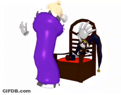 A Cartoon Character In Purple Pants Is Standing Next To A Chair With A Stuffed Animal On It . GIF