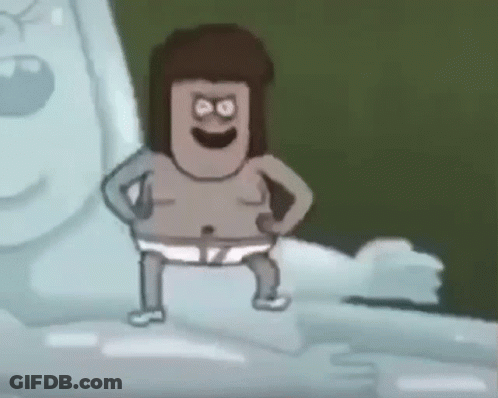 A Cartoon Character In Underwear Is Standing Next To A Statue Of A Man . GIF