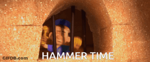 A Cartoon Character Is Behind Bars And The Words Hammer Time Are Above Him GIF