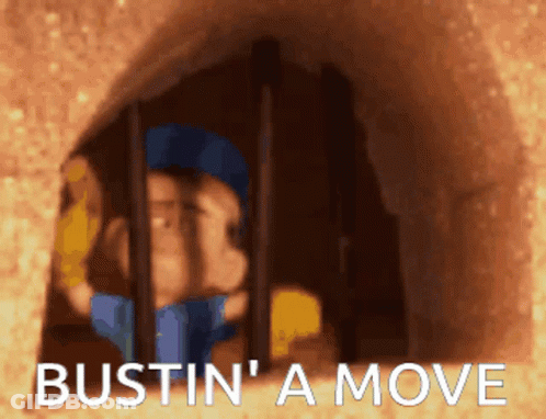 A Cartoon Character Is Behind Bars With The Words Bustin ' A Move Written Below Him GIF