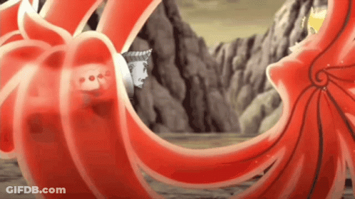 A Cartoon Character Is Being Attacked By A Large Red Monster GIF