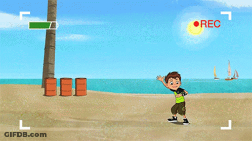 A Cartoon Character Is Being Recorded On A Beach With The Word Rec In The Corner GIF