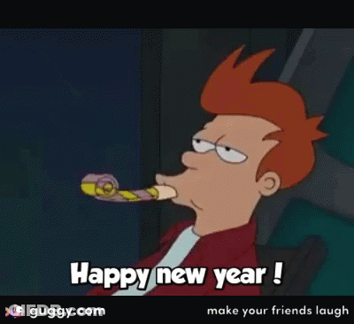 A Cartoon Character Is Blowing A Party Horn And Saying Happy New Year . GIF