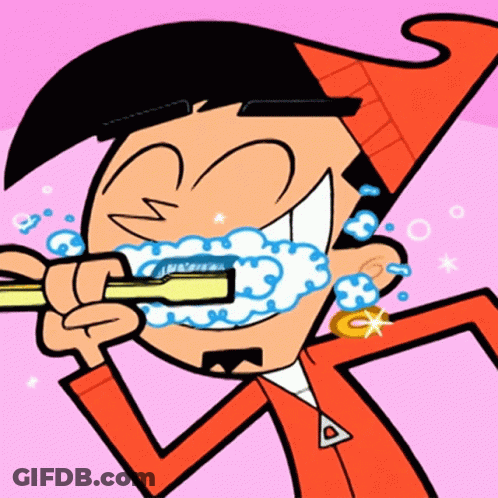 A Cartoon Character Is Brushing His Teeth With A Yellow Brush GIF