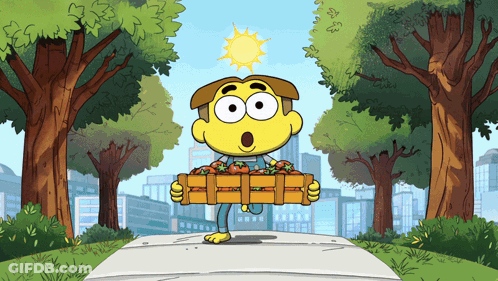 Cartoon Boy Carrying Tomatoes On Sidewalk GIF