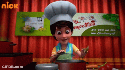 A Cartoon Character Is Cooking In Front Of A Sign That Says Cooking Competition GIF
