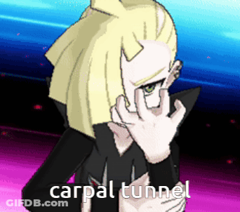 A Cartoon Character Is Covering His Face With His Hands And The Words Carpal Tunnel Are Below Him GIF