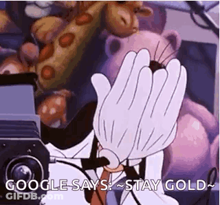 A Cartoon Character Is Covering His Face With His Hands In Front Of A Camera And Says `` Google Says Stay Gold '' . GIF