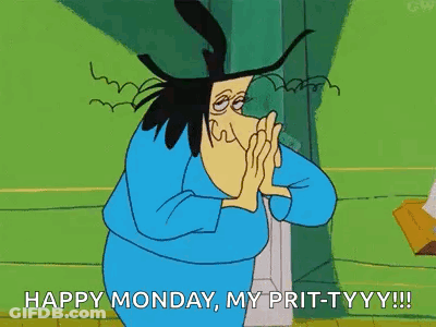 A Cartoon Character Is Covering His Mouth With His Hands And Saying `` Happy Monday , My Pritty ! '' GIF