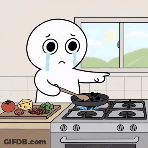 A Cartoon Character Is Crying While Cooking On A Stove Top GIF