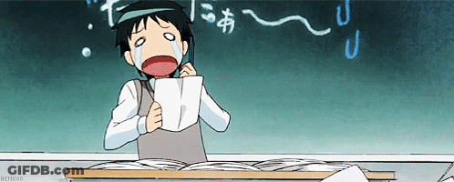 A Cartoon Character Is Crying While Holding A Piece Of Paper In Front Of A Blackboard GIF