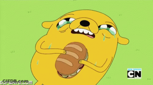 A Cartoon Character Is Crying While Holding A Sandwich With Cn Written On The Bottom Right GIF