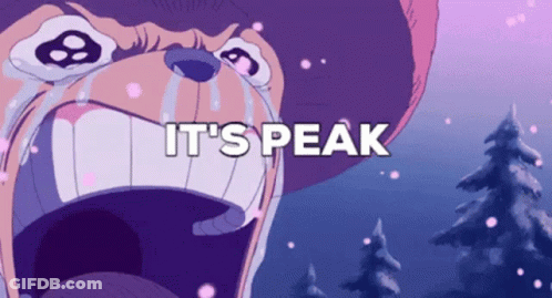 A Cartoon Character Is Crying With The Words " It 'S Peak " Above His Mouth GIF