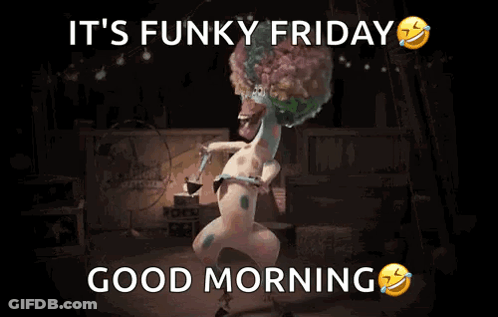 A Cartoon Character Is Dancing In A Dark Room And Says It 'S Funky Friday Good Morning . GIF