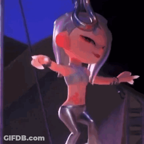 A Cartoon Character Is Dancing In A Dark Room With Her Arms Outstretched . GIF