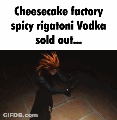 A Cartoon Character Is Dancing In A Dark Room With The Words `` Cheesecake Factory Spicy Rigatoni Vodka Sold Out ... '' GIF