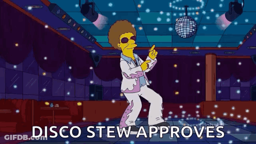 A Cartoon Character Is Dancing In A Disco With The Words Disco Stew Approves GIF
