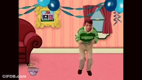 A Cartoon Character Is Dancing In A Living Room With Balloons And Ribbons . GIF