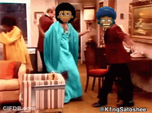 A Cartoon Character Is Dancing In A Living Room With The Hashtag K1ngsatoshee At The Bottom GIF