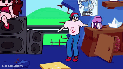 A Cartoon Character Is Dancing In A Room With A Poster That Says Estrogen On It GIF