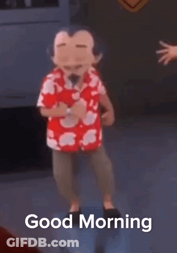 A Cartoon Character Is Dancing In A Room With The Words `` Good Morning '' Written Below Him . GIF