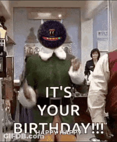 A Cartoon Character Is Dancing In A Room With The Words It 'S Your Birthday Happy Happy . GIF