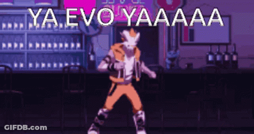 A Cartoon Character Is Dancing In Front Of A Bar And The Words Ya Evo Yaaaa Are Above Him GIF