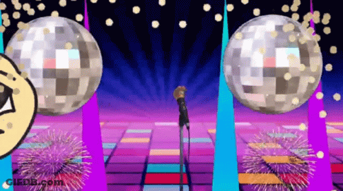 A Cartoon Character Is Dancing In Front Of A Disco Ball GIF