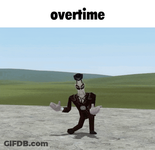 A Cartoon Character Is Dancing In Front Of A Field And The Word Overtime Is Above Him GIF