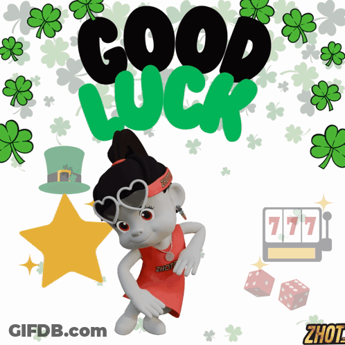 A Cartoon Character Is Dancing In Front Of A Sign That Reads Good Luck GIF