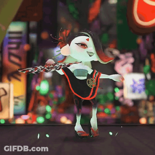 A Cartoon Character Is Dancing In Front Of A Sign That Says ' Noodles ' On It GIF