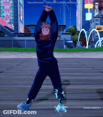 A Cartoon Character Is Dancing In Front Of A Sign That Says Renorivsan On It GIF
