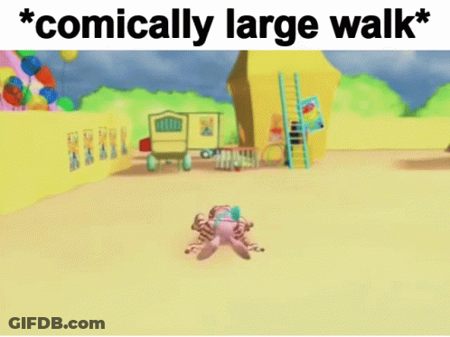 A Cartoon Character Is Dancing In Front Of Balloons And A Sign That Says * Comically Large Walk * GIF