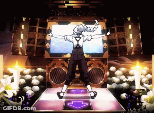 A Cartoon Character Is Dancing On A Dance Floor With A Purple Arrow Pointing Up GIF