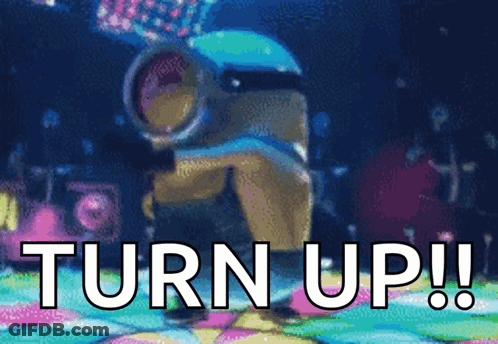 A Cartoon Character Is Dancing On A Dance Floor With The Words Turn Up Written Below Him GIF