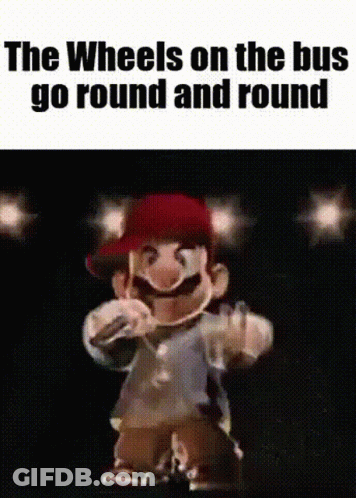 A Cartoon Character Is Dancing On A Stage With The Words `` The Wheels On The Bus Go Round And Round '' Written Above Hi GIF