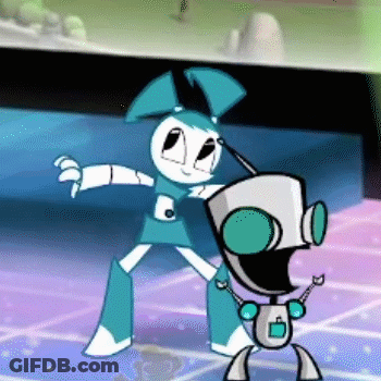 A Cartoon Character Is Dancing With A Robot . GIF