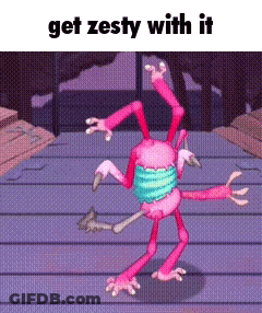 A Cartoon Character Is Dancing With The Words Get Zesty With It Above It GIF