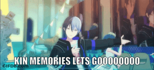 A Cartoon Character Is Dancing With The Words " Kin Memories Lets Gooooooo " Written Below Him GIF