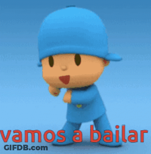 A Cartoon Character Is Dancing With The Words Vamos A Bailar Below Him GIF