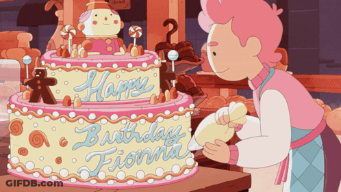 A Cartoon Character Is Decorating A Birthday Cake For Fiona GIF