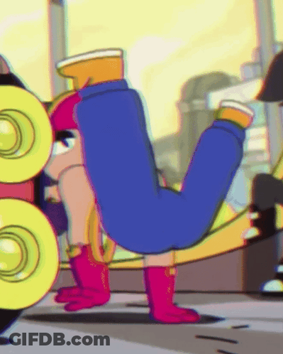 A Cartoon Character Is Doing A Handstand With A Yellow Object In The Background GIF