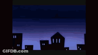 A Cartoon Character Is Doing A Split In Front Of A City Skyline . GIF