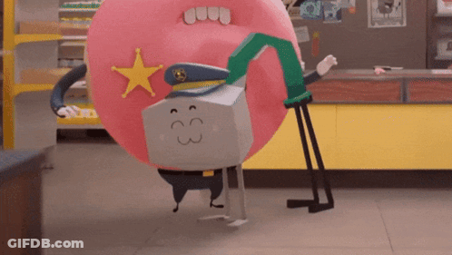 A Cartoon Character Is Dressed As A Donut With A Sheriff 'S Hat On It GIF